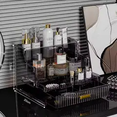 (Transparent Grey)3 Layer Acrylic Perfume Organiser With Drawer 