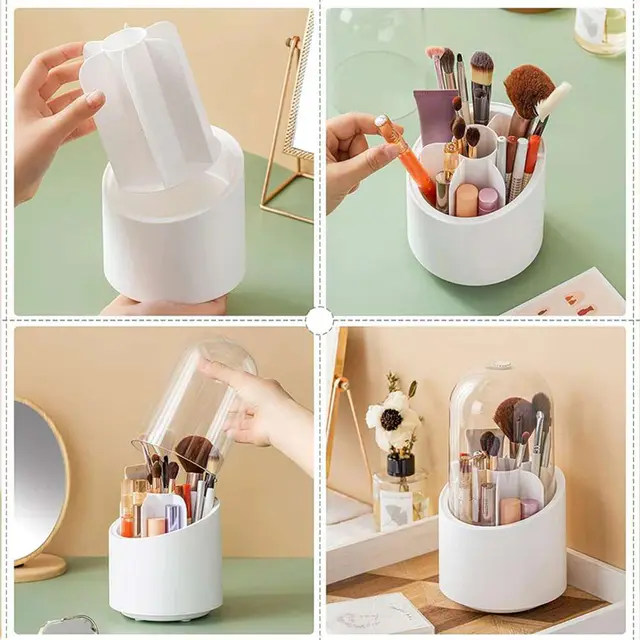 Rotating Makeup Brush Holder with Lid Storage Box