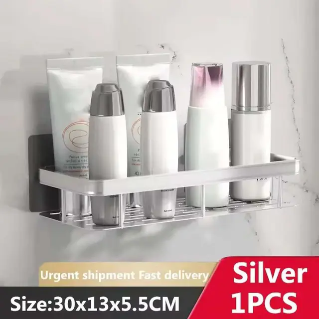 Silicone Toilet Cleaning Brush - (Silver)Aluminum Alloy Square Shelf Shampoo Rack