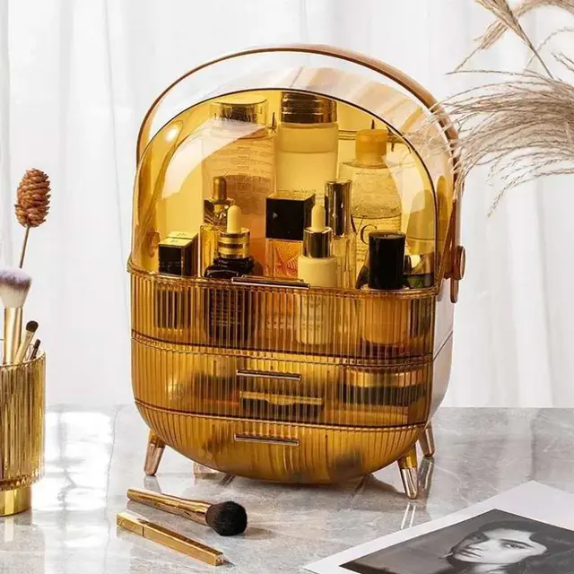 Dust-Proof Large Capacity Makeup Storage Box With Handle - (Golden)Dust-Proof Large Capacity Makeup Storage Box With Handle