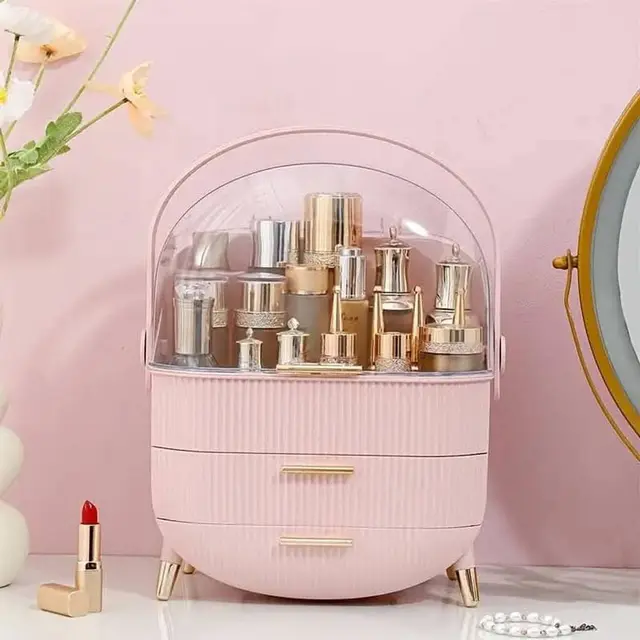 Dust-Proof Large Capacity Makeup Storage Box With Handle - (Pink)Dust-Proof Large Capacity Makeup Storage Box