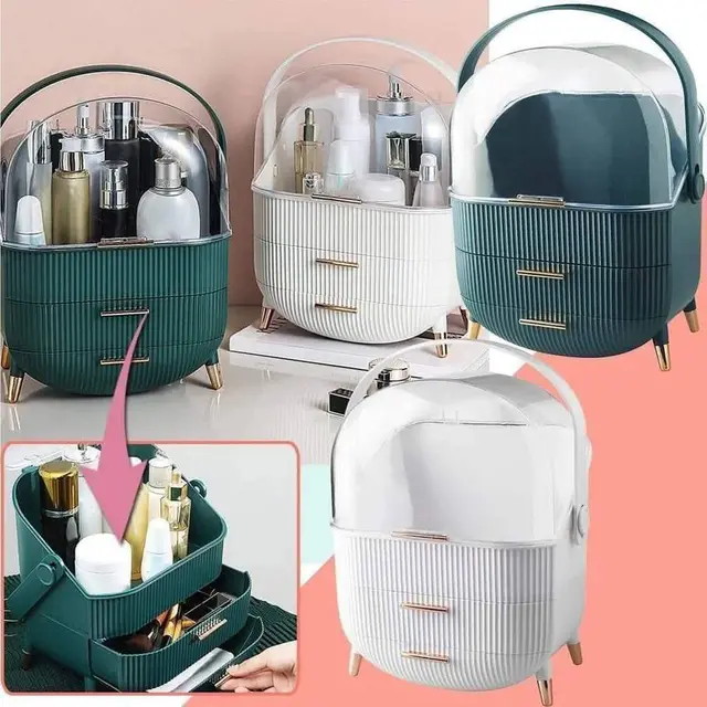 Dust-Proof Large Capacity Makeup Storage Box With Handle