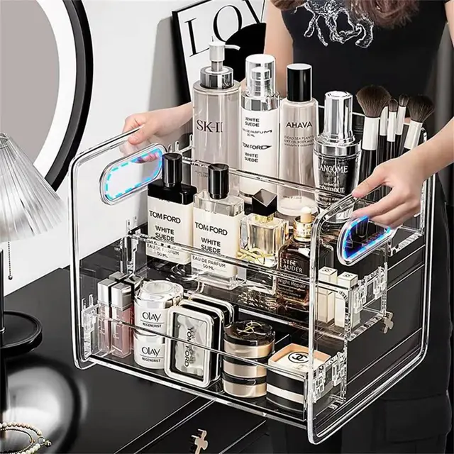 360° Rotating Luxury Makeup Brushes Holder - 3 Layer Transparent Multi-Functional Cosmetics Storage