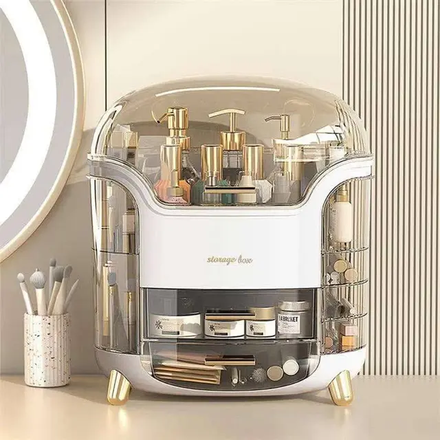 360° Rotating Luxury Makeup Brushes Holder - (White)Dust & Water-Proof Large Capacity Cosmetics